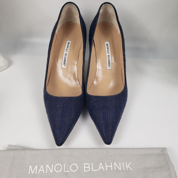 Manolo Blahnik Navy Blue Weave Embossed Pump High Heel sz EU 39 / US 8.5 - Picture 4 of 11